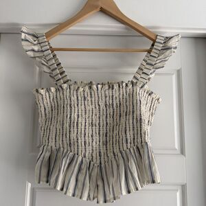 AE Bella Smocked Crop Top S Ruffle Striped Blue Cream Boho Hippie Layers 2024